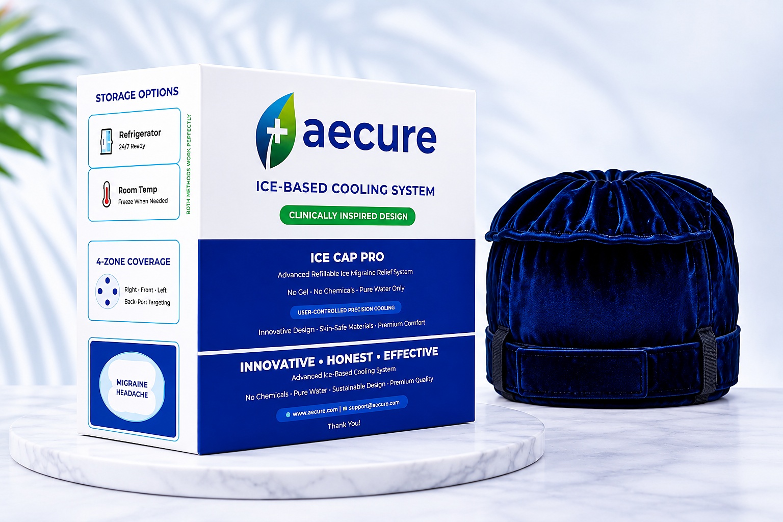 Aecure Ice Cap Pro retail box next to the navy blue ice therapy cap, showing the full product packaging text
