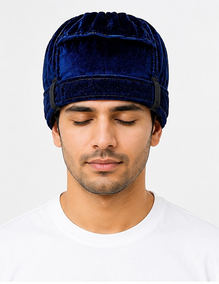 Man wearing the navy blue Ice Cap Pro ice therapy cap, front view, eyes closed in relief