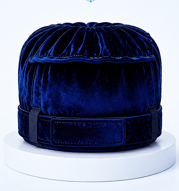 Ice Cap Pro ice therapy cap, navy blue velvet, studio shot showing the quilted top and adjustable strap